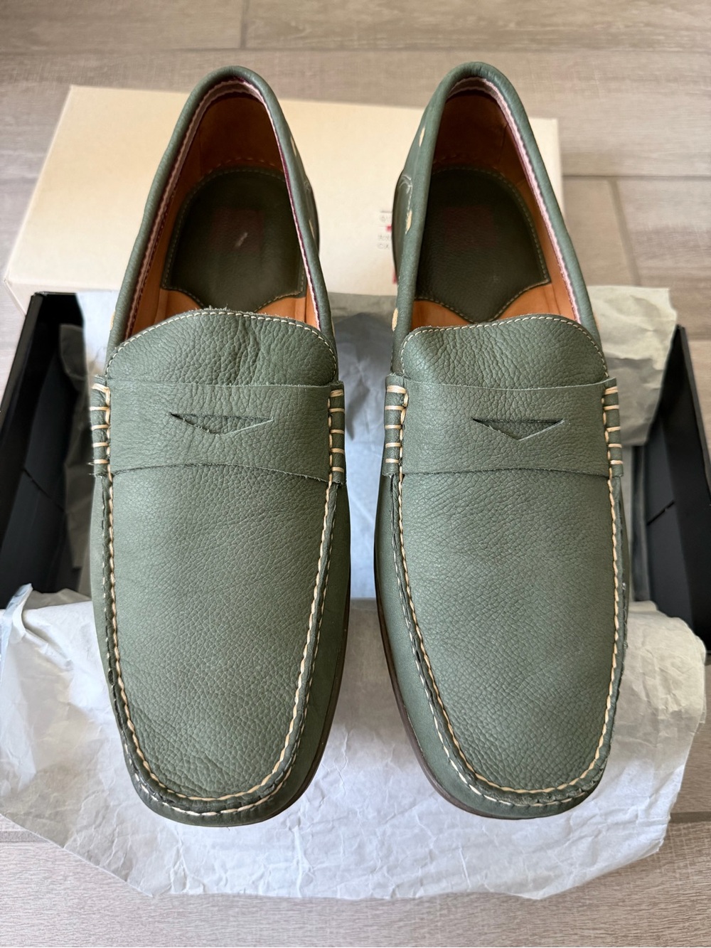 Johnston & Murphy Olive Green Pebbled Leather Penny Loafers